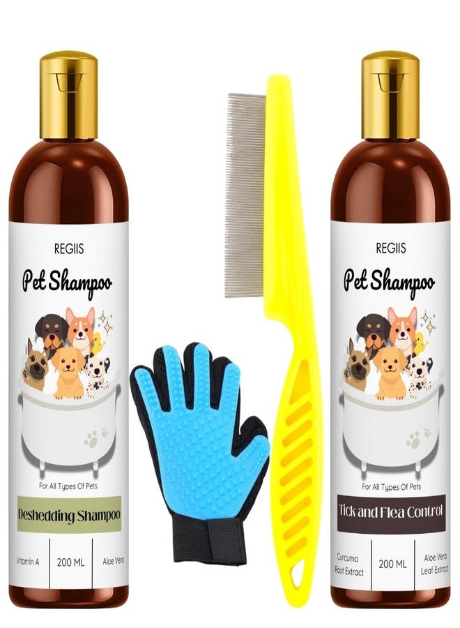 Regiis Pet Shampoo Set with Deshedding and Tick Control Formula, 200ml Bottles, Grooming Glove, Flea Comb for Dogs and Cats(Pack of 4) - Image 1